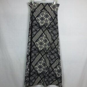 New Hot Kiss Skirt Black Cream Boho Block Floral Print Maxi A-Line Size L-XL